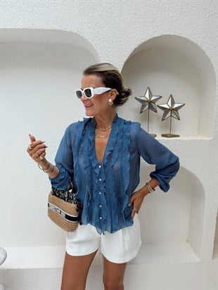 Nişantaşı Butik FIRFIR DETAY SEDEF DÜĞME TRANSPARAN GÖMLEK BLUZ İNDİGO