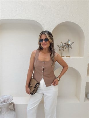 Nişantaşı Butik FİYONK DÜĞME LİKRALI KARE YAKA YELEK VİZON