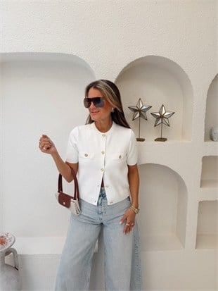 Nişantaşı Butik GOLD DÜĞME ÇELİK ÖRME TRİKO CEKET BEYAZ