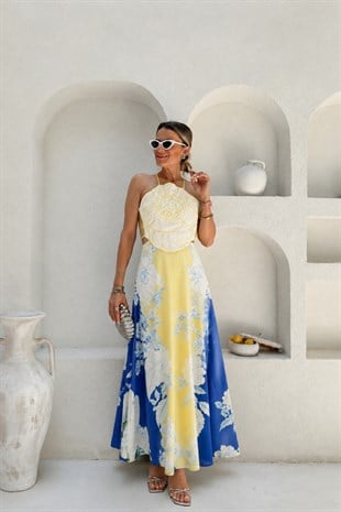 Nişantaşı Butik GÜL NAKIS İSLEME SIRT DETAY KETEN ELBİSE