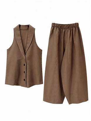 Nişantaşı Butik HALTER YAKA BLUZ JOGGER PANTOLON NATURAL TAKIM KAHVE