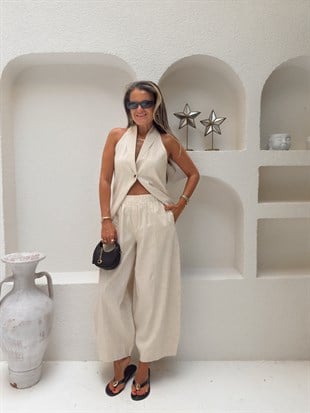Nişantaşı Butik HALTER YAKA BLUZ JOGGER PANTOLON NATURAL KETEN TAKIM