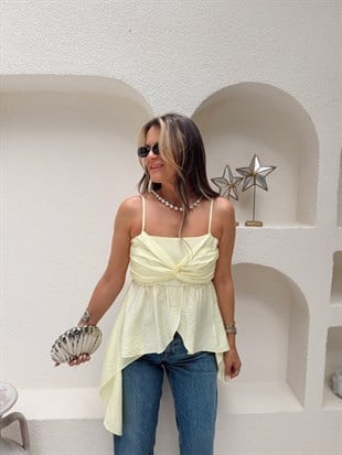 Nişantaşı Butik İNCE ASKI ASİMETRİK LİME SARI BLUZ