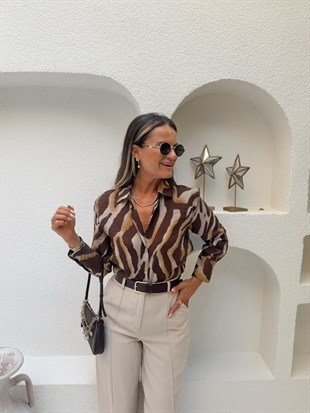 Nişantaşı Butik KAHVE ZEBRA DESEN TİRİL GÖMLEK