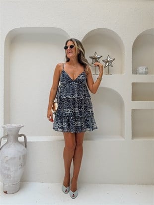 Nişantaşı Butik KATKAT ASTARLI MAVİ DESEN ELBİSE