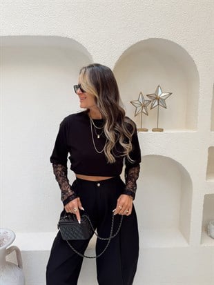 Nişantaşı Butik KOL DANTEL DETAY BASİC BLUZ SİYAH