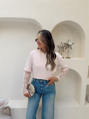 Nişantaşı Butik KOL DANTEL DETAY BASİC BLUZ TOZ PEMBE