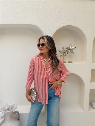 Nişantaşı Butik KOL DETAY ÇİZGİLİ KIRMIZI GÖMLEK