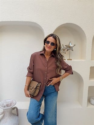 Nişantaşı Butik KOL DETAY MAVİ ÇİZGİLİ KAHVE GÖMLEK