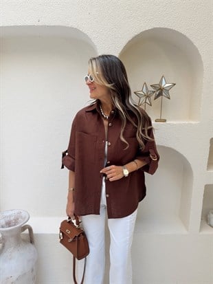Nişantaşı Butik KOL DETAY NATURAL KETEN GÖMLEK KAHVERENGİ