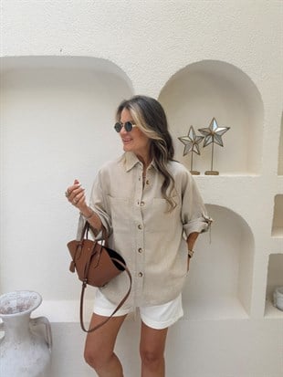 Nişantaşı Butik KOL DETAY NATURAL KETEN GÖMLEK