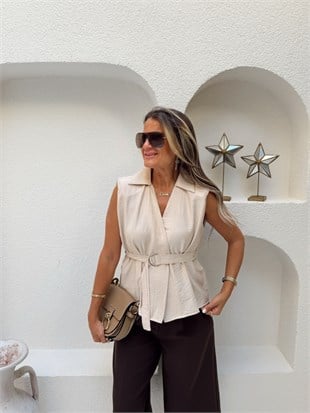Nişantaşı Butik KRUVAZE VATKALI BEL KUSAKLI GÖMLEK BEJ