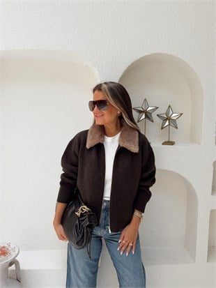 Nişantaşı Butik KÜRK YAKA TRİKO CEKET KAHVERENGİ