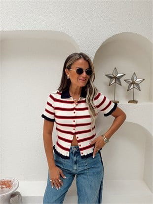 Nişantaşı Butik LACİVERT ÇİZGİ DESEN BİYELİ PAMUK TRİKO