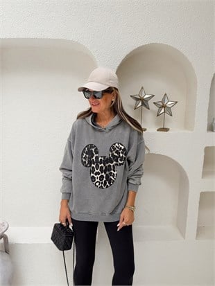 Nişantaşı Butik MİCKEY YIKAMALI BASKI KAPSONLU SWEATSHİRT
