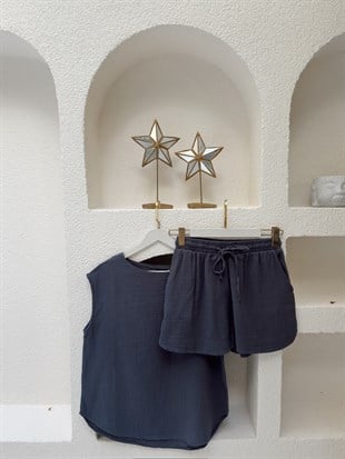 Nişantaşı Butik MÜSLİN KETEN ŞORT TAKIM İNDİGO