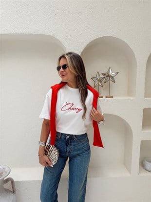 Nişantaşı Butik ÖN ARKA YAZI VE NAKIŞLI CHERRY TSHİRT 