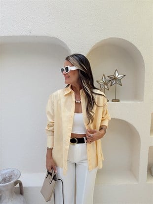 Nişantaşı Butik OVAL KESİM ÇİZGİLİ SARI GÖMLEK