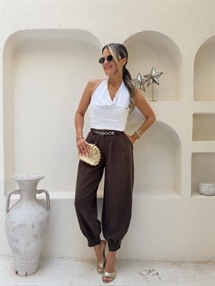 Nişantaşı Butik PAÇA DETAY ŞALVAR TENSEL KAHVE PANTOLON