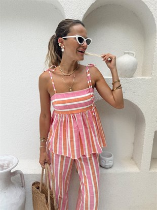Nişantaşı Butik RENKLİ ÇİZGİLİ ASKILI KETEN BLUZ 