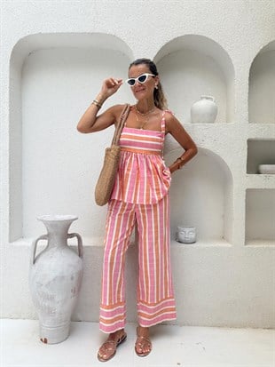 RENKLİ ÇİZGİLİ BOL PAÇA KETEN  PANTOLON