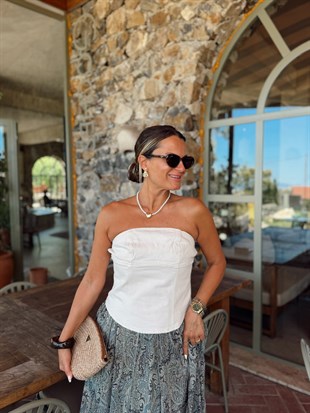 Nişantaşı Butik SIRT DETAY EKRU JEAN BÜSTİYER BLUZ 