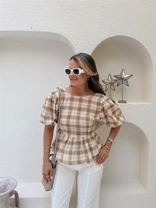 Nişantaşı Butik SIRT DETAY HAKİ EKOSE BLUZ 
