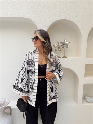 Nişantaşı Butik SİYAH DESENLİ NATURAL KETEN CEKET