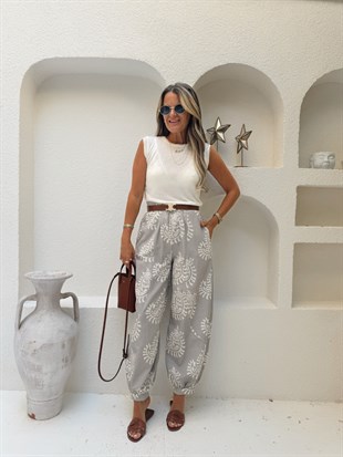 Nişantaşı Butik SOFT BEJ NATURAL DESEN KETEN JOGGER PANTOLON