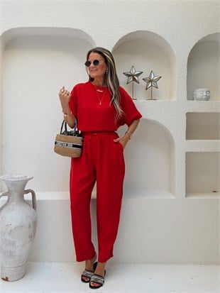 Nişantaşı Butik TENSEL PANTOLON&BLUZ TAKIM KIRMIZI