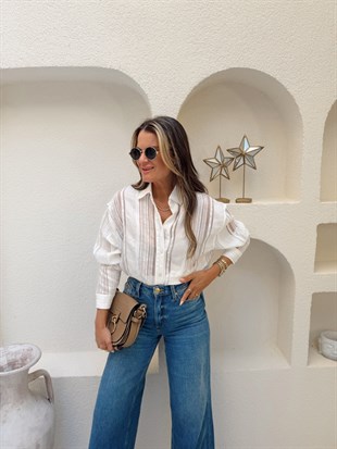 Nişantaşı Butik TRANSPARAN ŞERİTLİ BEYAZ GÖMLEK