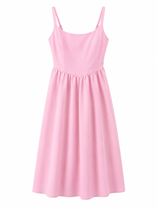 Nişantaşı Butik U YAKA BEL DETAY PEMBE LİKRALI ELBİSE