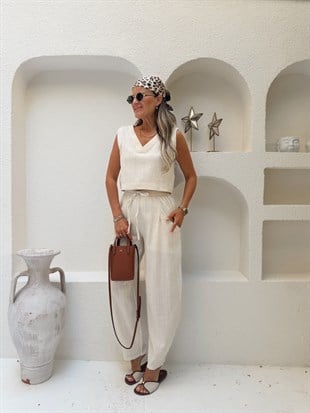Nişantaşı Butik V YAKA BLUZ JOGGER PANTOLON KETEN TAKIM NATURAL