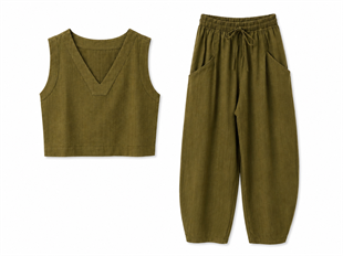 Nişantaşı Butik V YAKA BLUZ JOGGER PANTOLON KETEN TAKIM HAKİ YEŞİL