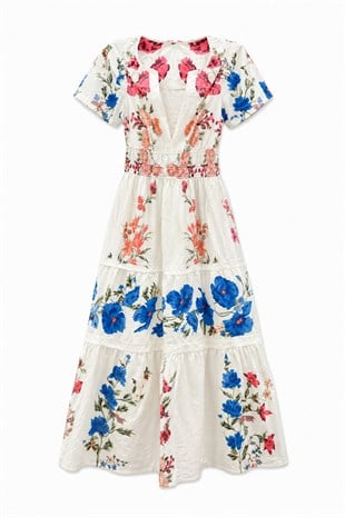Nişantaşı Butik V YAKA KOL DETAY FLORAL ELBİSE