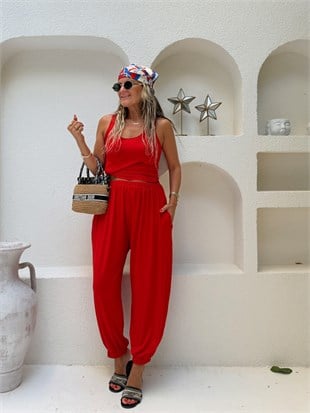Nişantaşı Butik VİSKON MODAL BLUZ ŞALVAR PANTOLON TAKIM MERCAN KIRMIZI