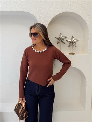 Nişantaşı Butik YAKA AKSESUAR DETAY ÇELİK ÖRME TRİKO BLUZ