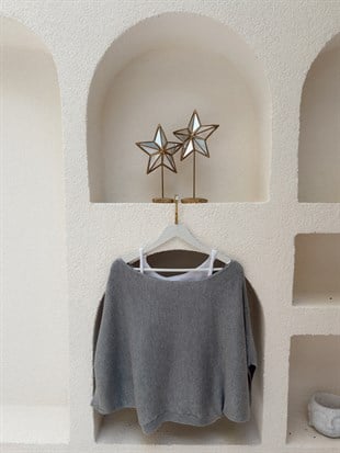 Nişantaşı Butik YAKA DETAY ATLETLİ MERSERİZE BLUZ GRİ