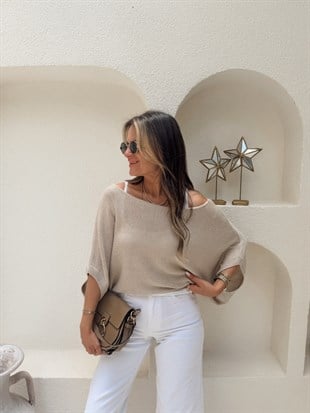 Nişantaşı Butik YAKA DETAY ATLETLİ MERSERİZE BLUZ VİZON