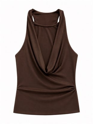 Nişantaşı Butik YAKA DETAY HALTER TRANSPARAN BLUZ KAHVE