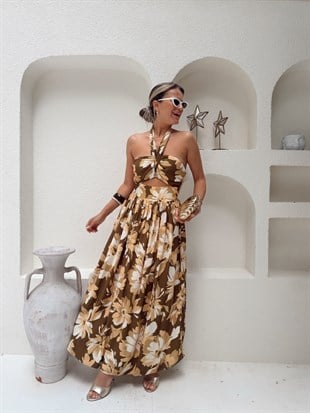 Nişantaşı Butik YAKA DETAY İRİ ÇİÇEK DESEN PASTEL ELBİSE