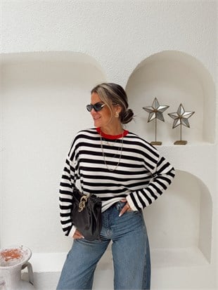 Nişantaşı Butik YAKA KIRMIZI BİYELİ ÇİZGİLİ İPEK TRİKO
