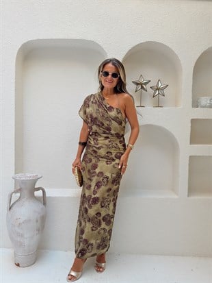 Nişantaşı Butik YAKA VE OMUZ DETAY DRAPELİ DESENLİ ELBİSE