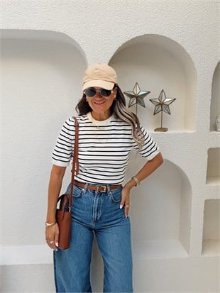 Nişantaşı Butik YARIM KOL ÇİZGİLİ İPEK TRİKO