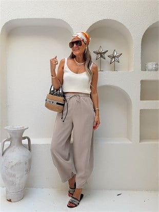 Nişantaşı Butik YIKAMALI TENSEL BALON JOGGER PANTOLON KUMBEJİ