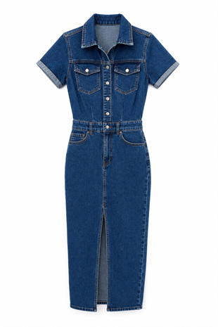 Nişantaşı Butik YIRTMAC DETAY LİKRALI MAVİ JEAN ELBİSE