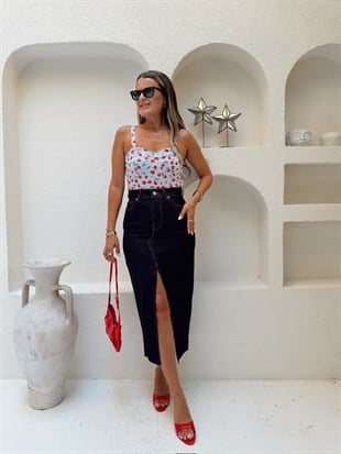 Nişantaşı Butik YIRTMAC DETAY YÜKSEK BEL JEAN ETEK KONTRAST 
