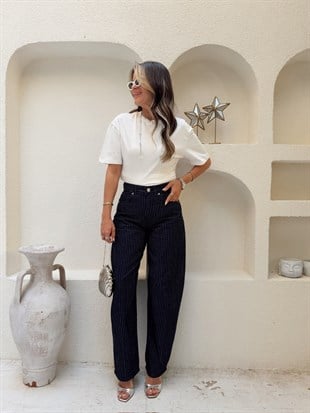 Nişantaşı Butik YÜKSEK BEL ÇİZGİLİ LACİVERT BALON JEAN