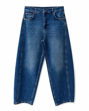 Nişantaşı Butik YÜKSEK BEL DİKİŞ DETAY BARREL JEAN YIKAMALI MAVİ
