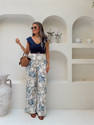 Nişantaşı Butik YÜKSEK BEL İNDİGO DESEN TİRİL VİSKON PANTOLON